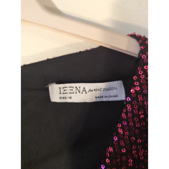 Mac Duggal Magenta Sequin Puff Sleeve V-Neck Long Sleeve Midi Dress Size 16 - Picture 5 of 8